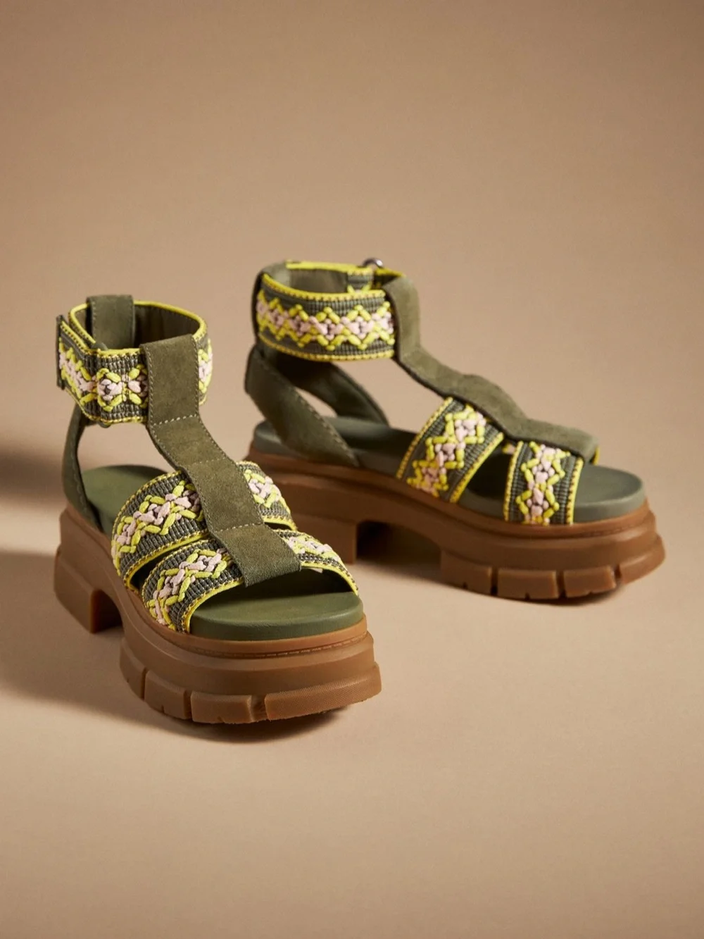 UGG Olive Green Braided Platform Sandals with Brown Sole